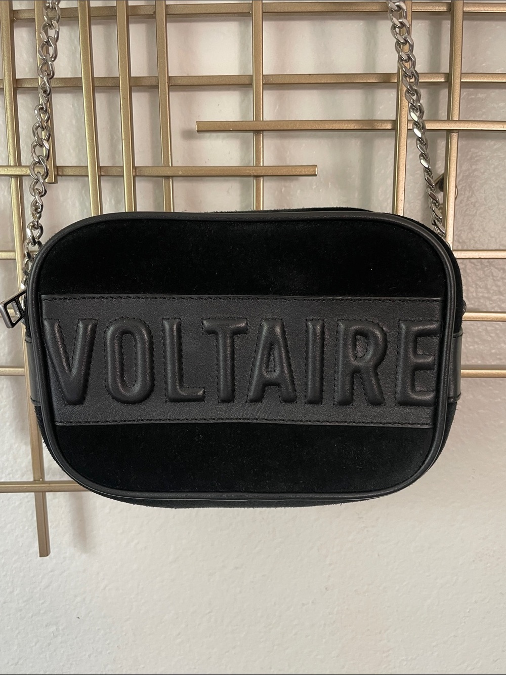 Zadig&Voltaire Wing mini crossbody suede bag with silver chain detail.